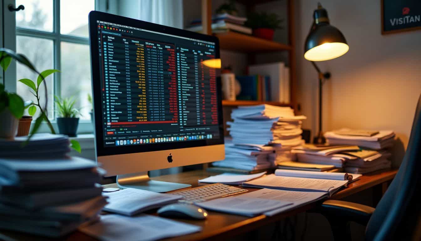 Cluttered home office with financial reports, forex trading setup, and motivational quote.