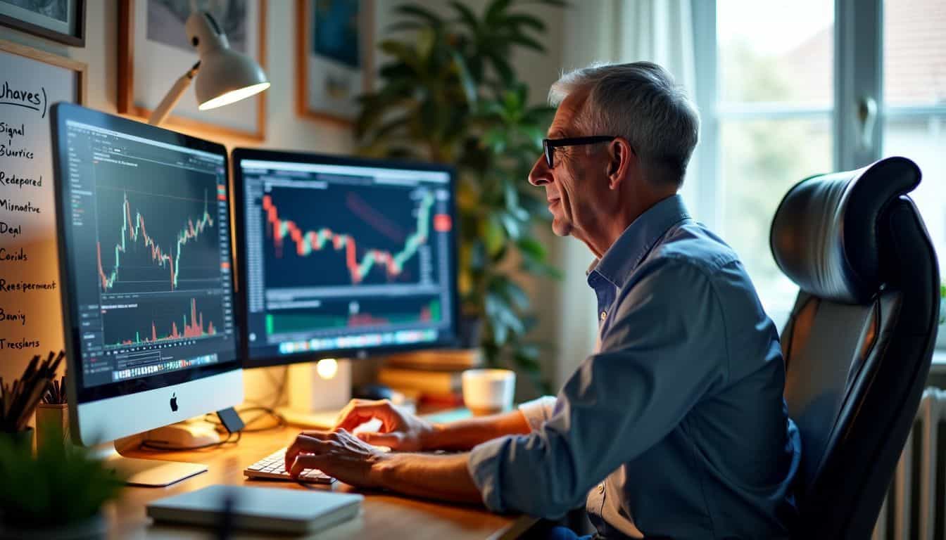 A self-employed forex trader works from a home office with multiple screens and revenue stream ideas.