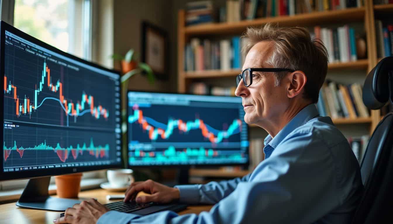 A man in a home office analyzing forex charts with multiple screens.