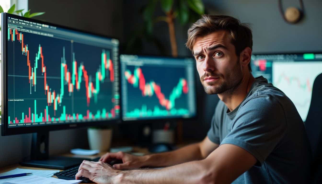 A tired man is sitting at a cluttered desk, monitoring forex charts.