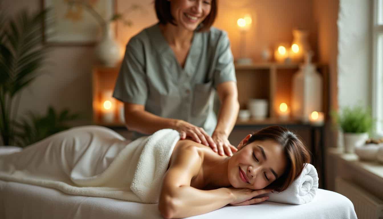 A massage therapist provides a relaxing massage in a serene spa room.