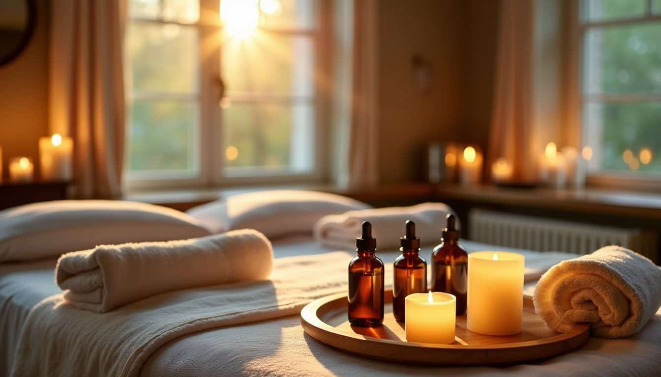 This image depicts a cozy massage room with a plush table.