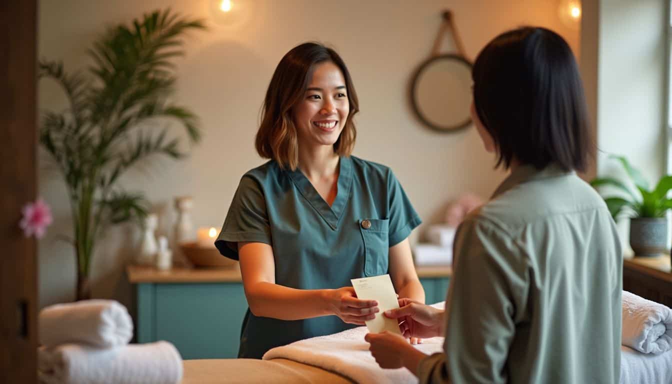 A person is tipping a massage therapist in a cozy spa.