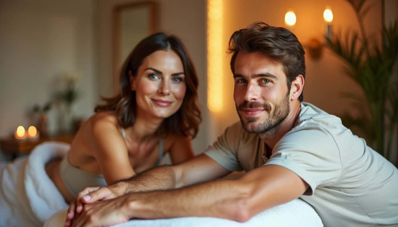 A couple in their 30s receiving a soothing massage in a spa.