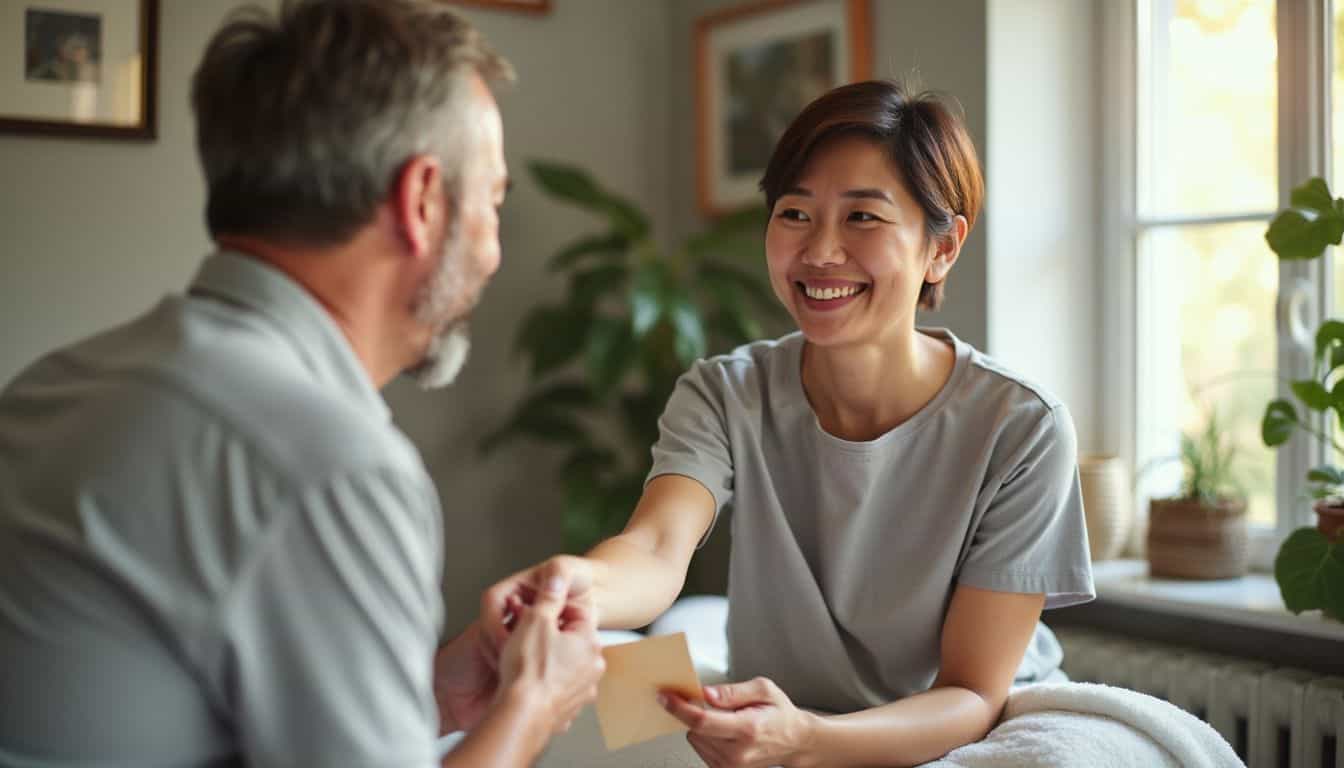 A massage therapist accepts a tip from a client in a home setting.