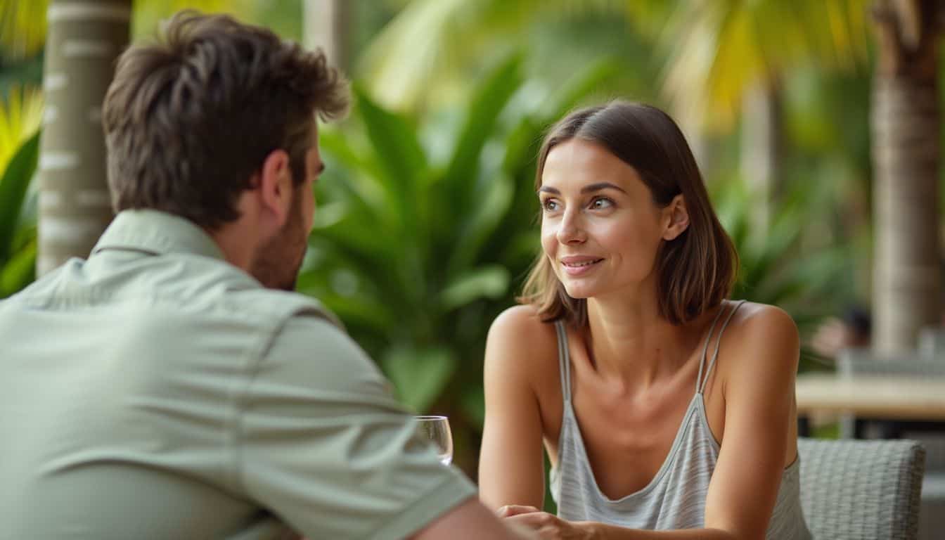 A couple discussing tipping at a resort during their vacation.