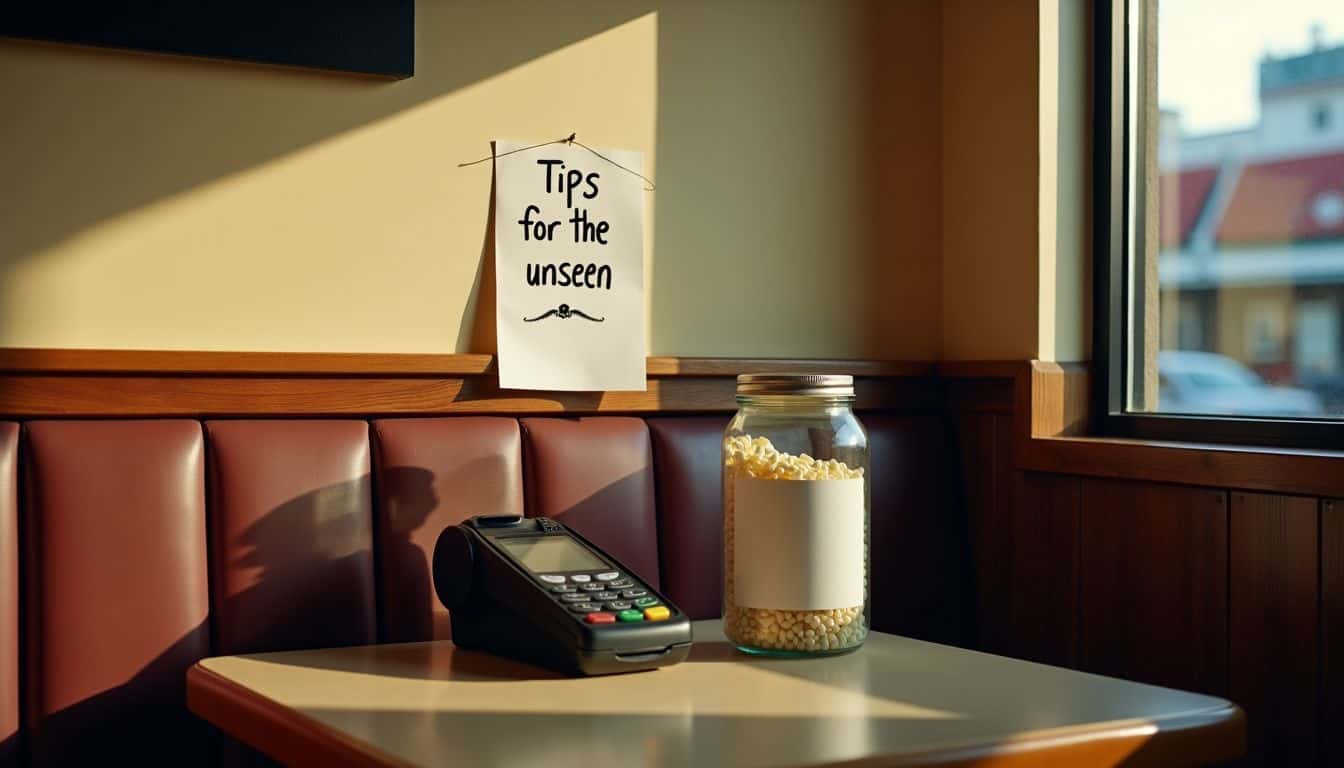 A tip jar with a sign saying 'Tips for the unseen' in a restaurant booth.