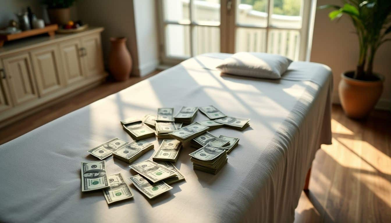 A massage table with stacks of dollar bills representing tipping options.