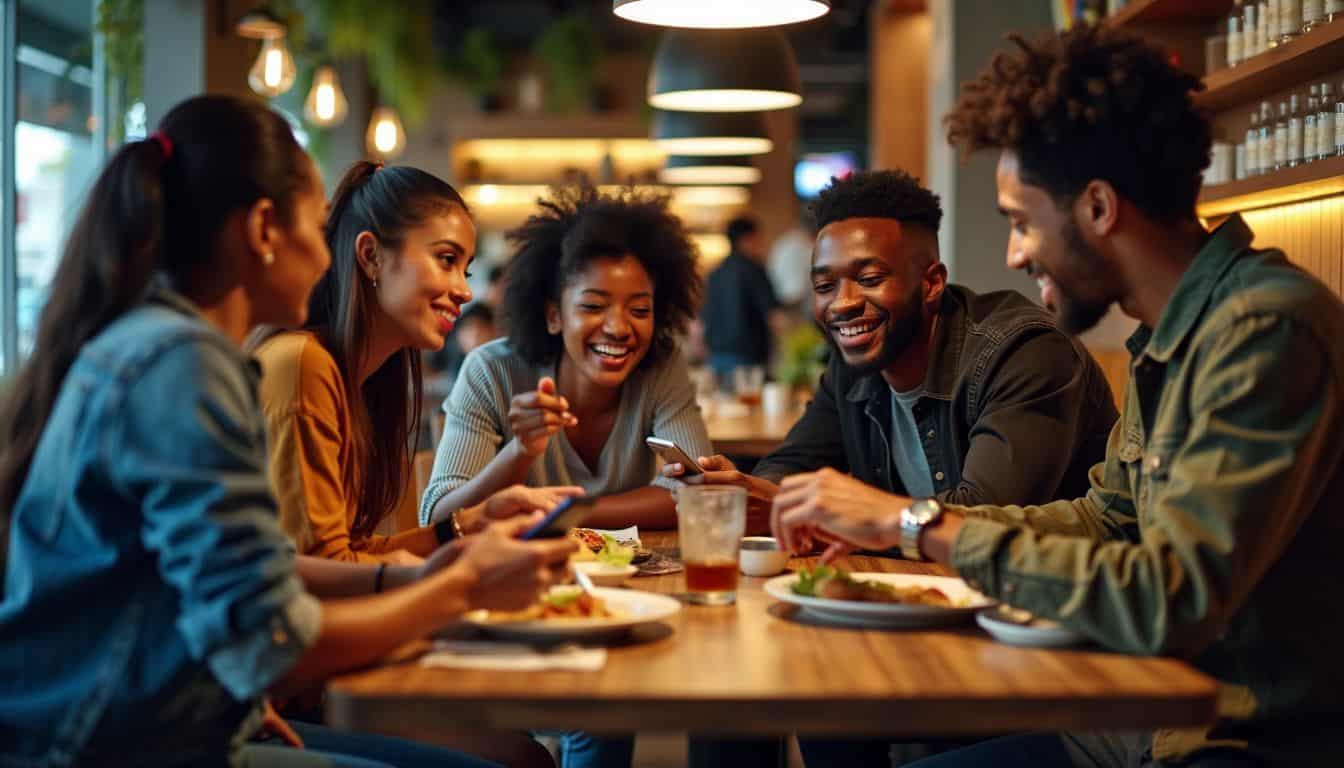 A group of friends in their late 20s using a digital payment app to split the bill at a trendy restaurant.