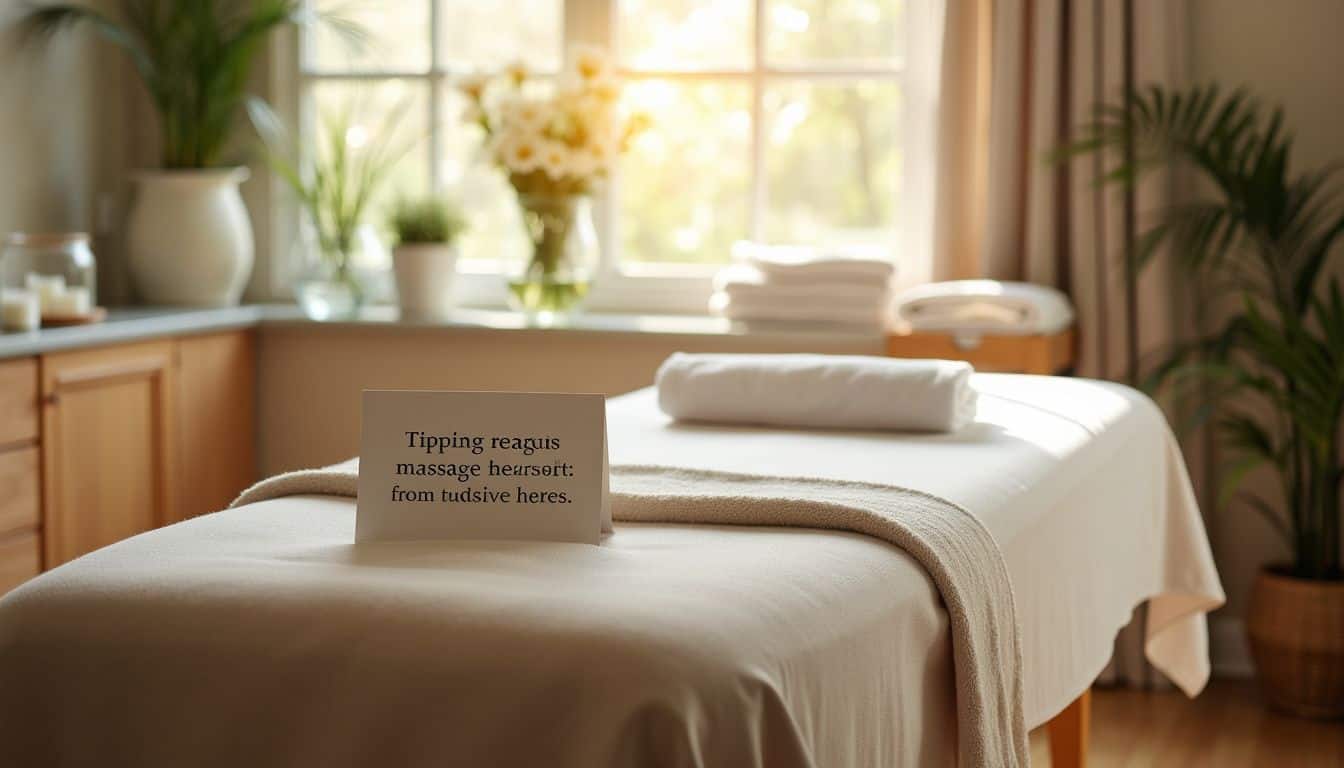 A massage room with neatly arranged table and tipping etiquette sign.