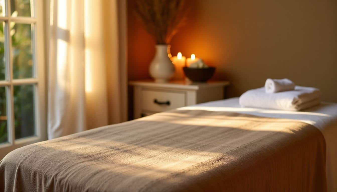 An empty massage room with a folded coupon on the bedside table.