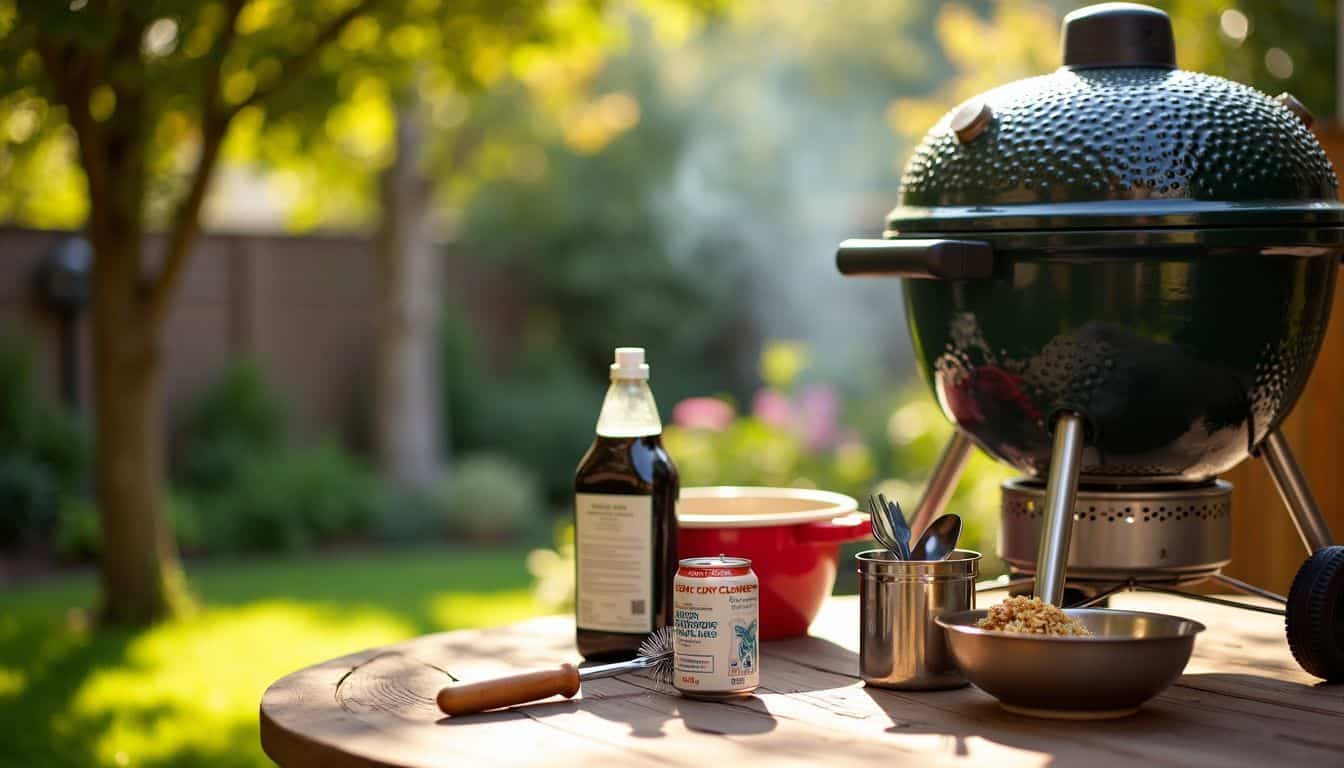 A clean barbecue grill and supplies in a sunny backyard.