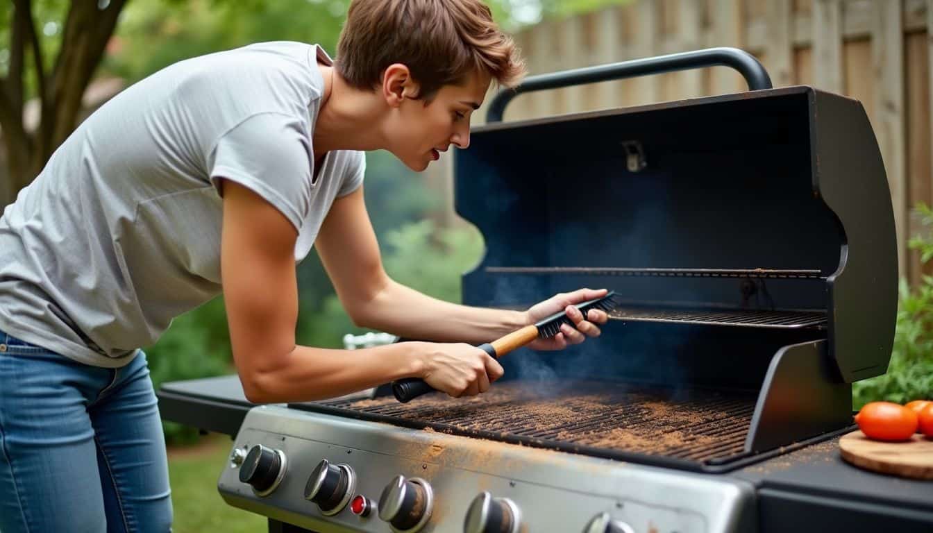 A person cleaning a dirty grill in their backyard using wire brush and scraper.