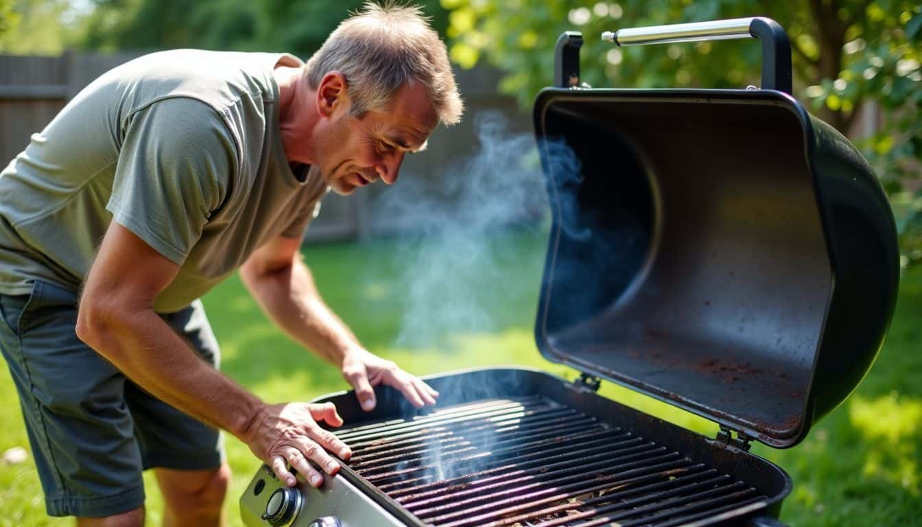 A man cleaning a charcoal grill in his sunny backyard.