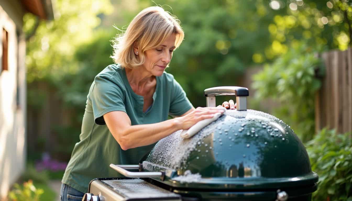 A woman in her 40s is cleaning a grill in a sunny backyard.