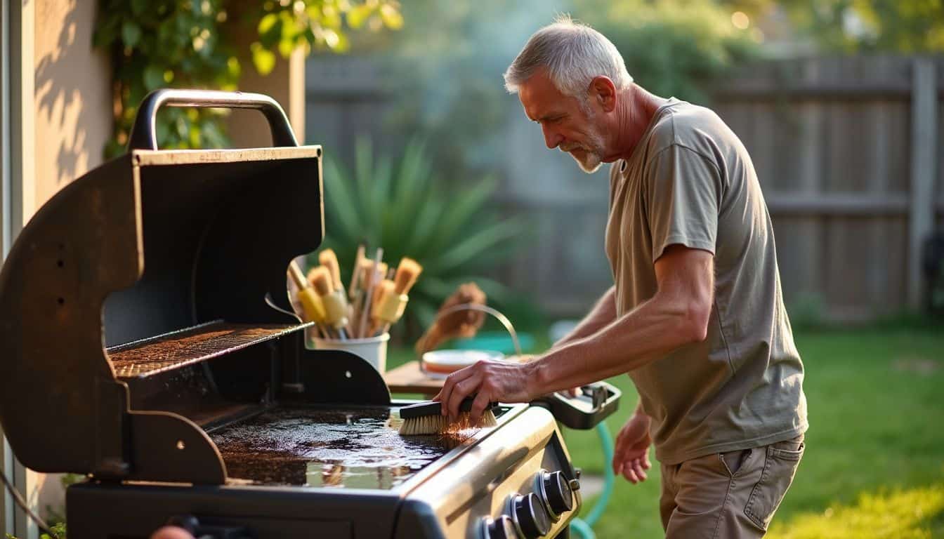 A middle-aged person cleaning a worn barbecue grill in their backyard.