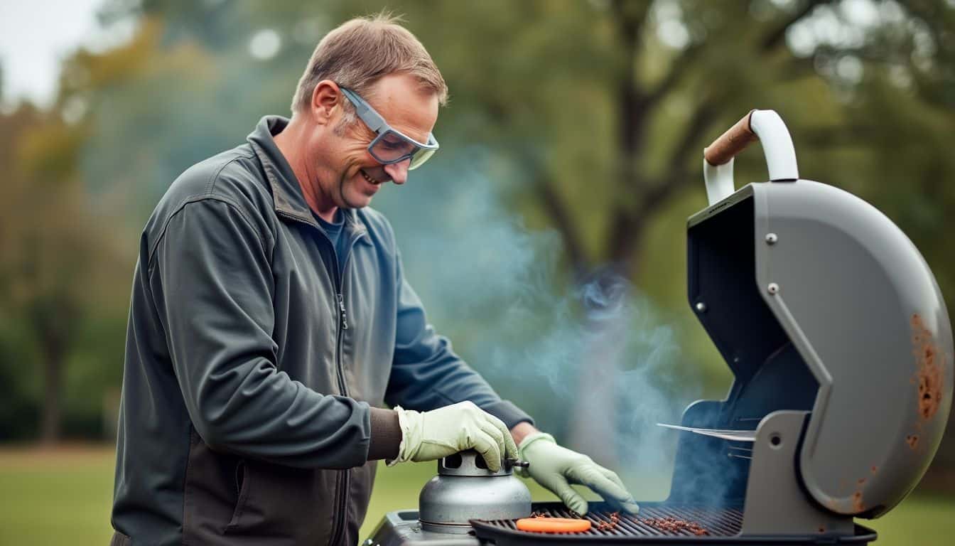 A man in his 40s is cleaning a BBQ grill outdoors.