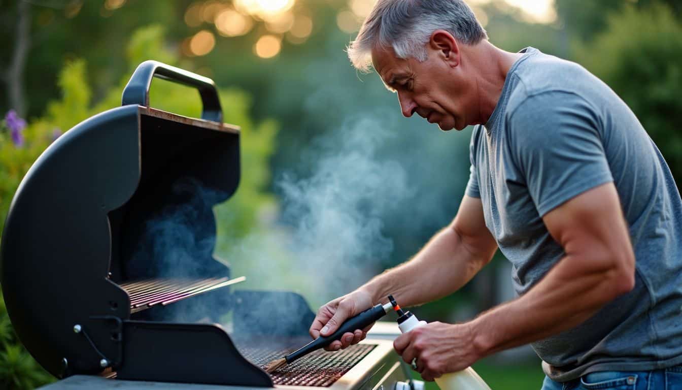 A man cleans a barbecue grill outdoors at dusk.