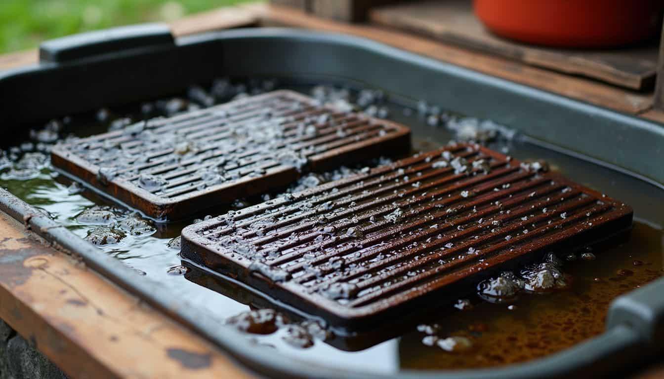 Dirty grill grates soaking in soapy water in outdoor barbecue area.