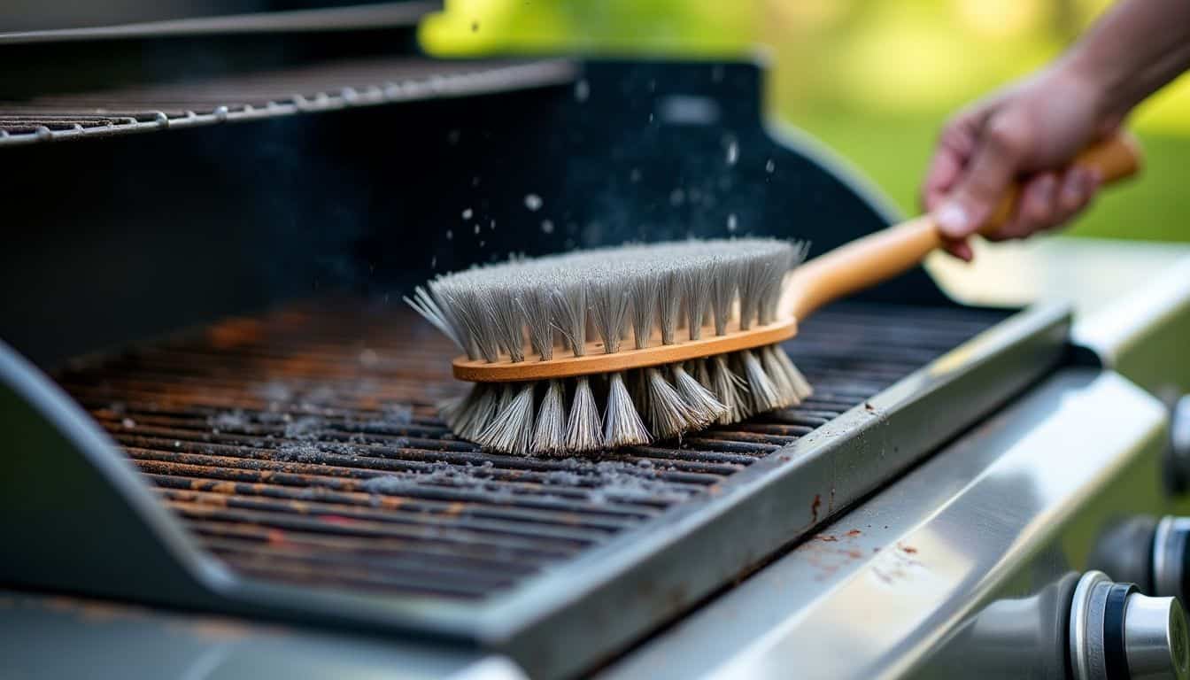 A wire brush cleans dirty BBQ grill burners in backyard.