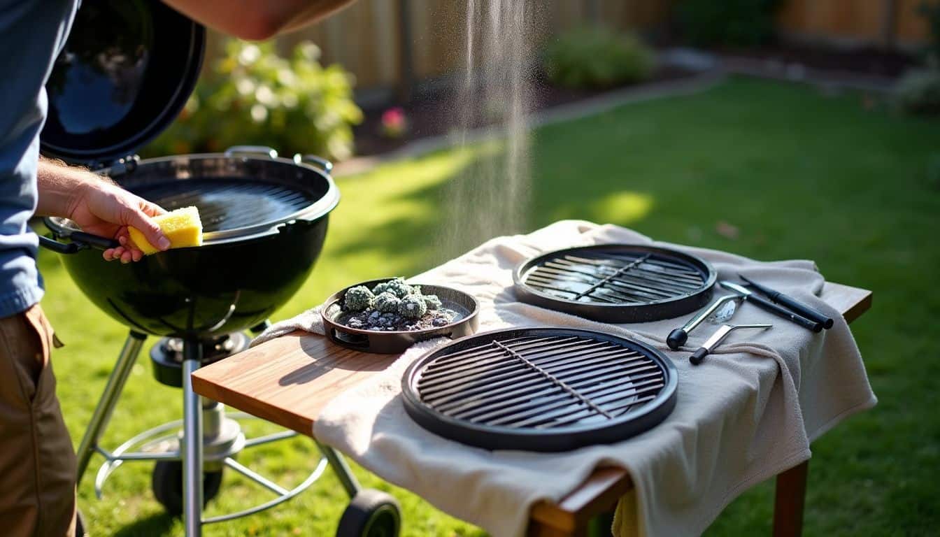 A disassembled grill is being cleaned with soapy water and a sponge.