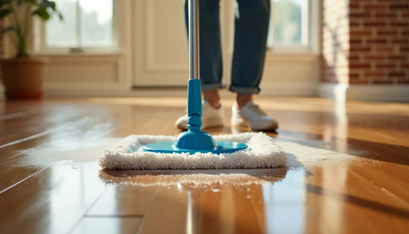 A microfiber mop glides on a clean wood floor, picking up dust.