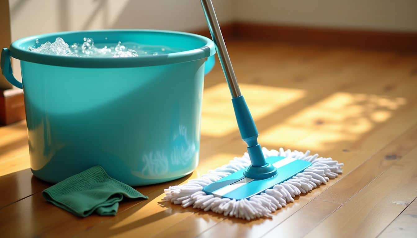 Cleaning supplies and tools on shiny wood floor in bright room.