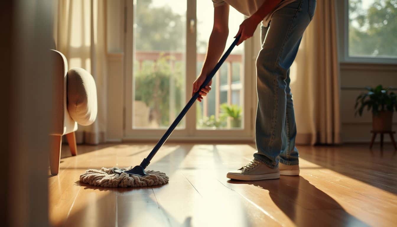 A person mopping a clean, shiny engineered wood floor.