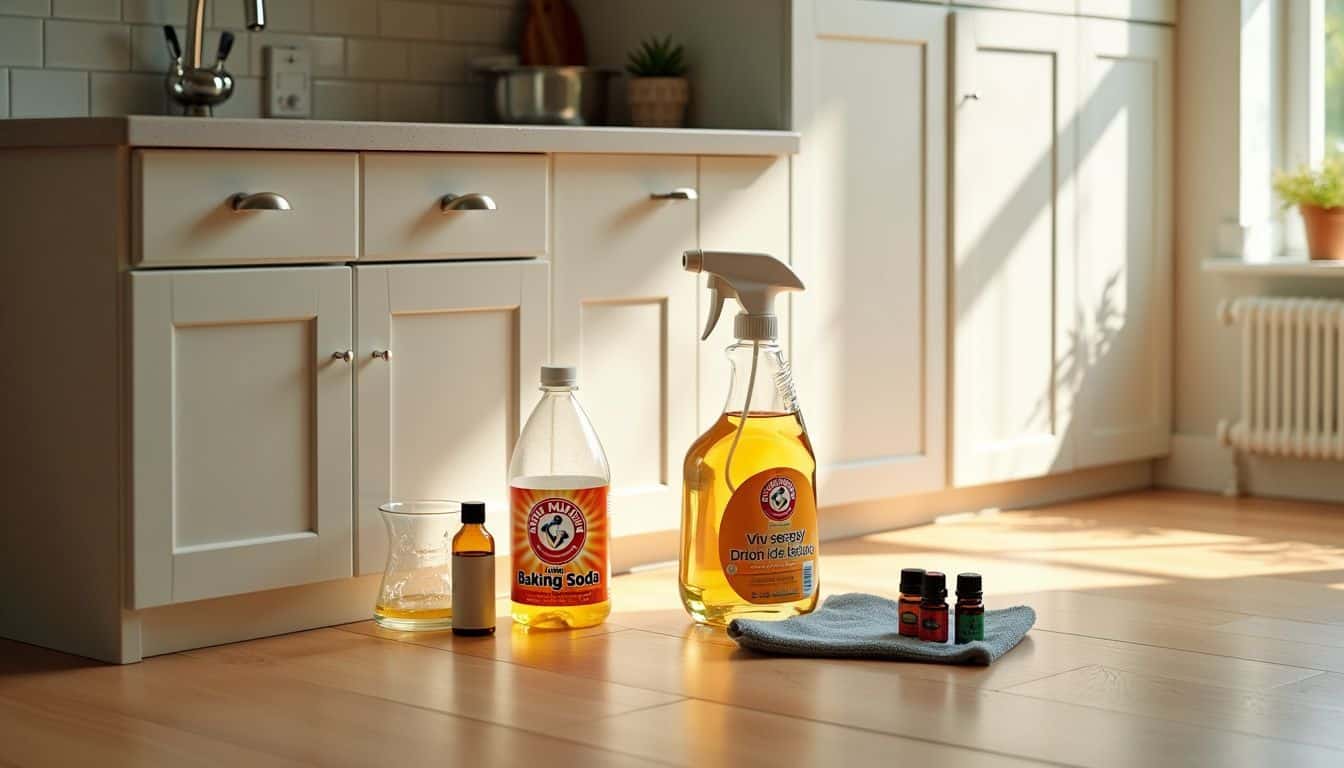 A clean kitchen counter with cleaning supplies and natural products.