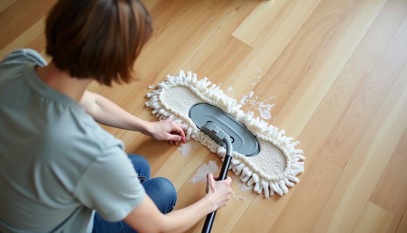 A person mopping a damaged engineered wood floor in a casual setting.