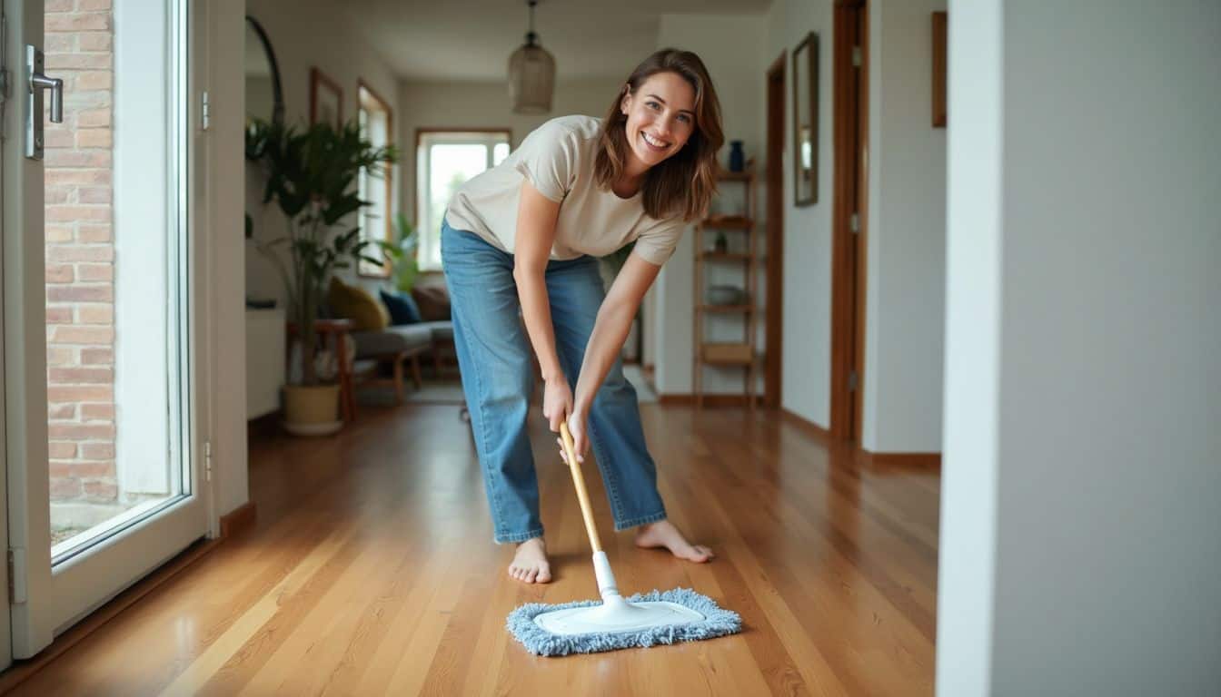 A woman in her 30s cleaning an engineered wood floor at home.