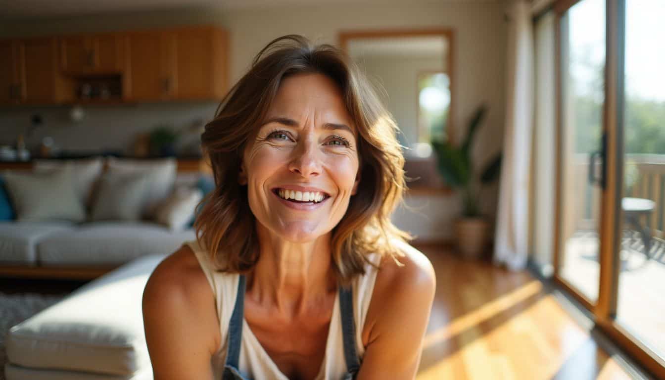 A woman admires her new polished wood floors in a modern room.