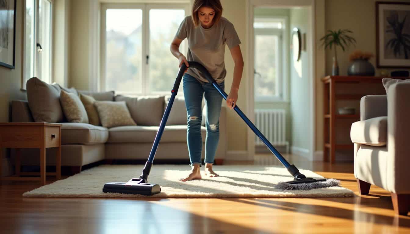 A person cleaning hardwood floors in a cozy living room.