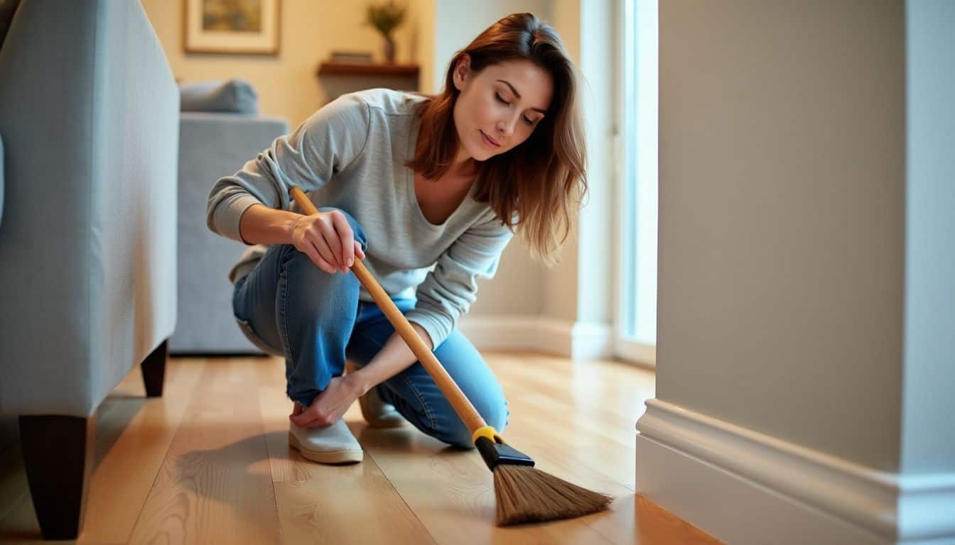 A woman cleans engineered wood floors with a soft-bristled broom.