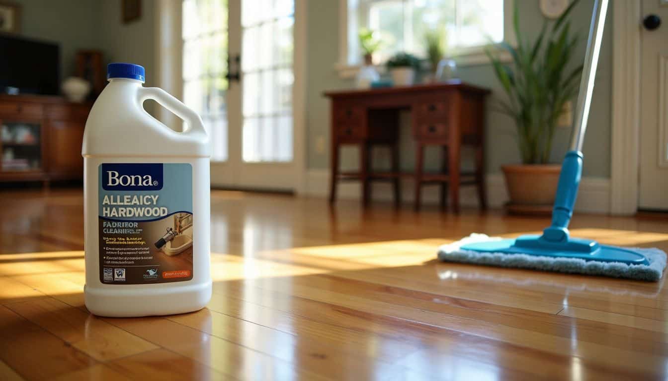 A bottle of Bona Hardwood Floor Cleaner and mop on clean, shiny hardwood floor.