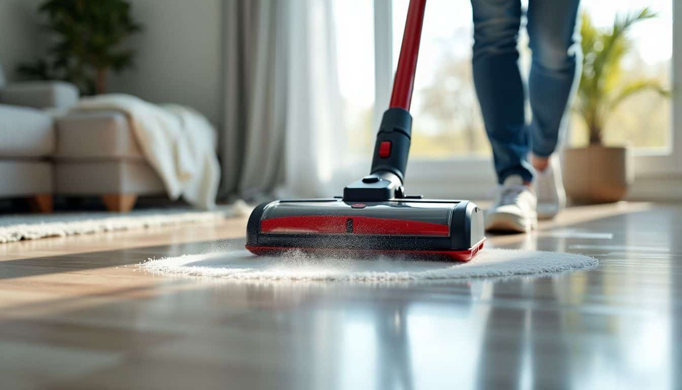 A vacuum with soft brush attachment cleans shiny floor surfaces.