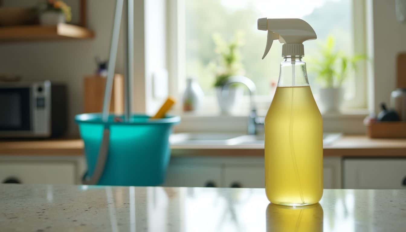 Homemade vinegar-based cleaner on kitchen counter with mop and bucket.