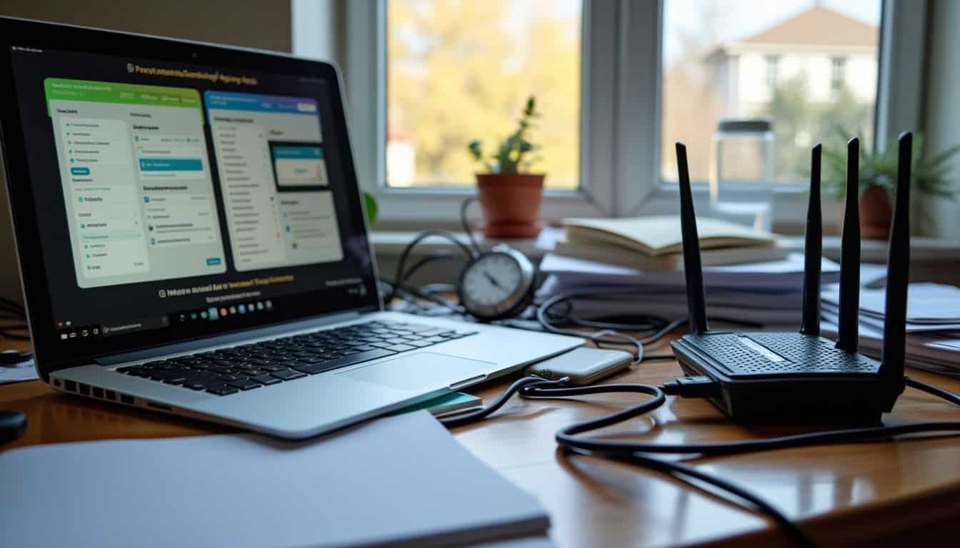 A cluttered home office desk with open laptop and parental control apps.