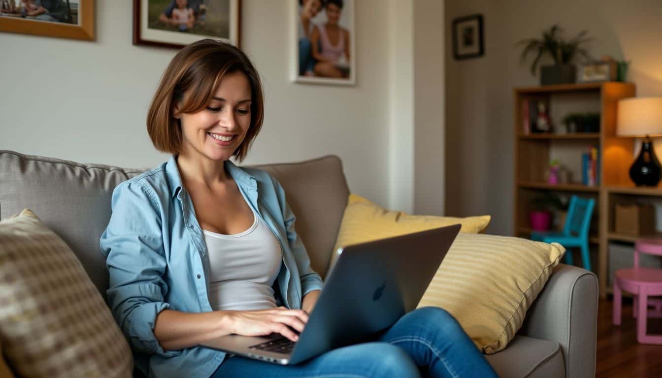 A parent setting up parental controls on a laptop in a cozy living room.