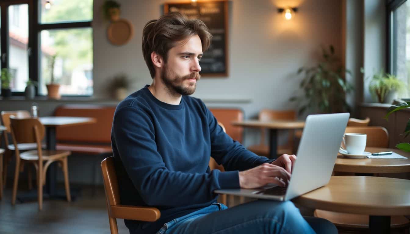 A man in his 30s works on his laptop at a cozy coffee shop.