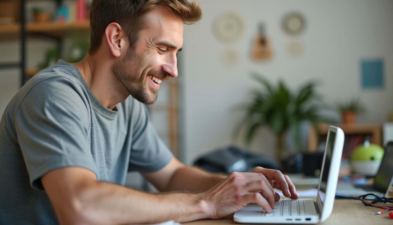 A man in his 30s adjusts parental controls on a Wi-Fi router.