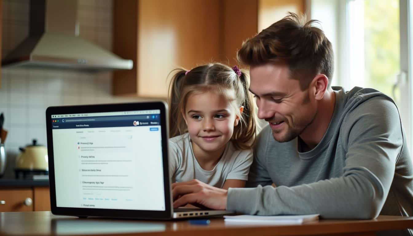 A father and daughter sit at a kitchen table learning about online safety.