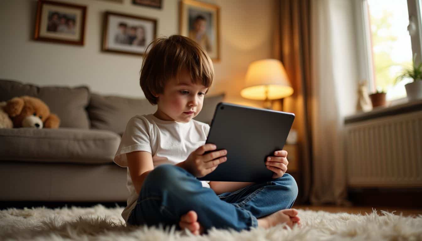 An 8-year-old child is using a tablet in a cozy living room.