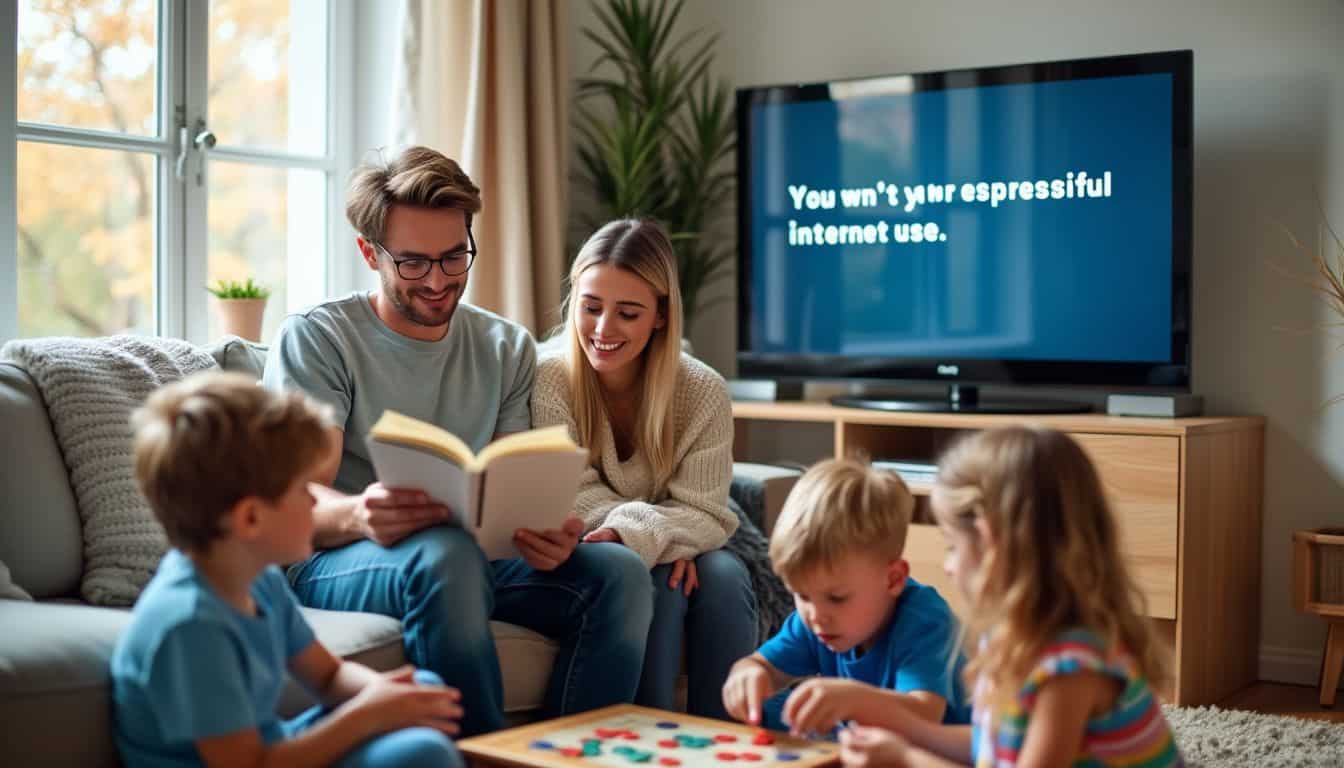 A family of four enjoying quality time in their cozy living room.