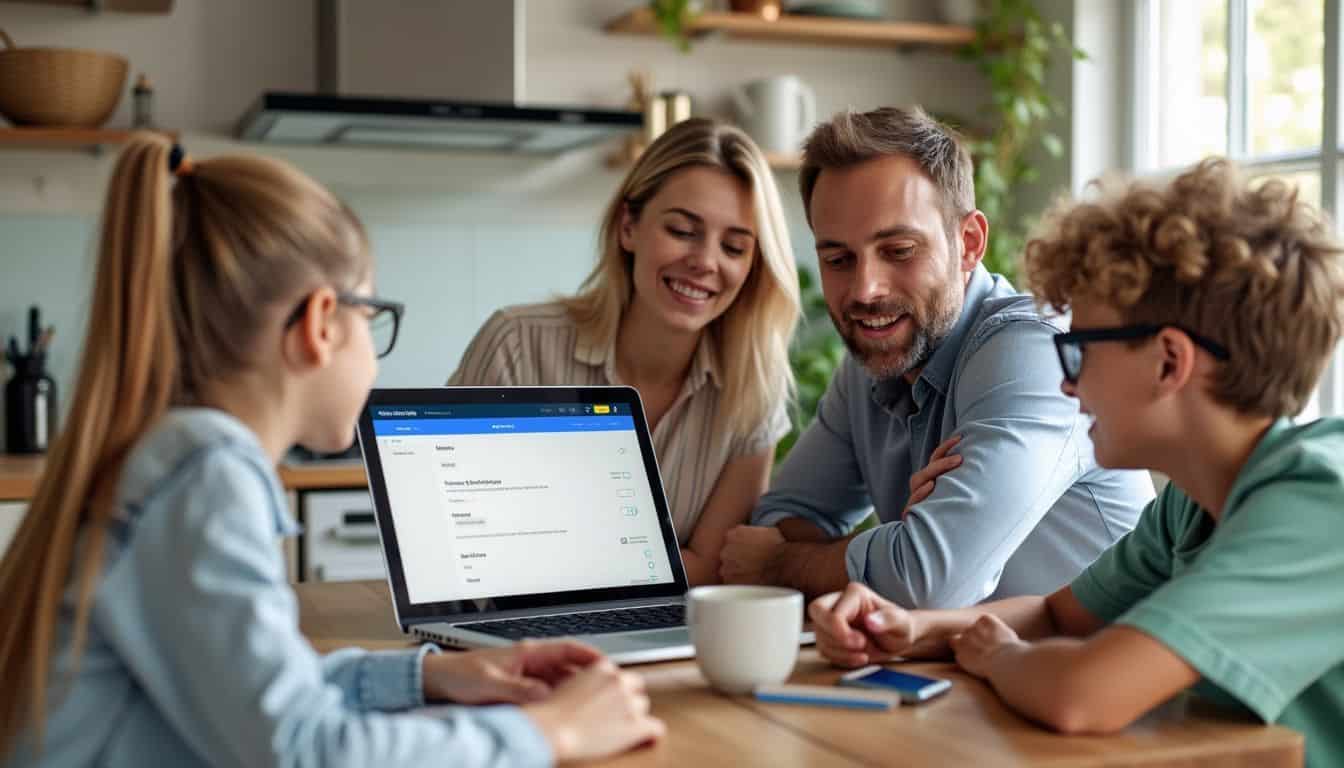 A family discusses internet downtime settings for household devices at home.