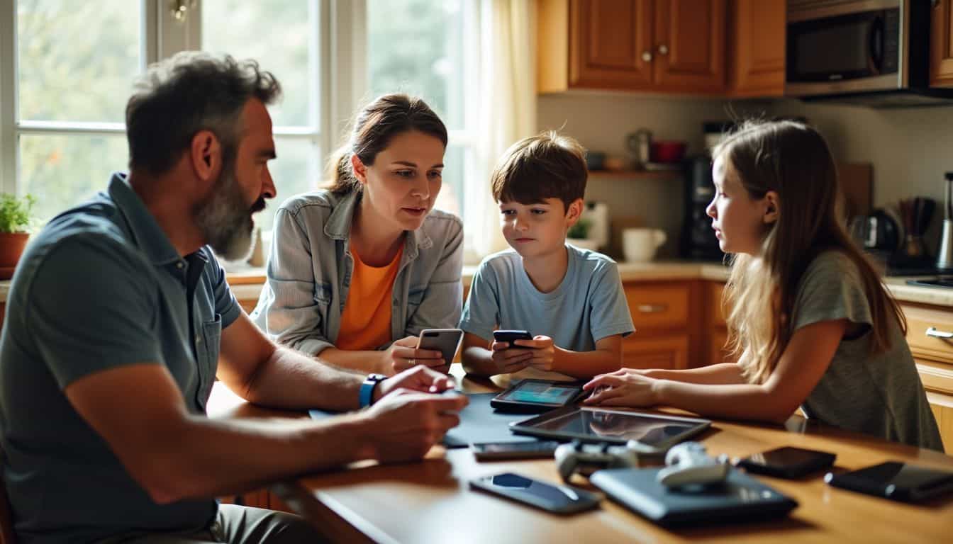 A family discussing online safety and setting up parental controls at home.