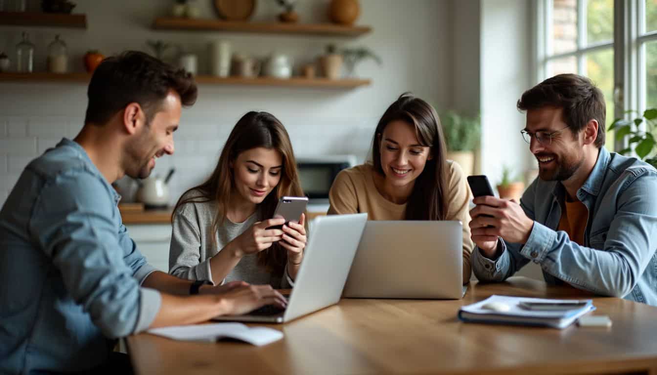 A family of four is gathered around the kitchen table, each engaged with a different electronic device.