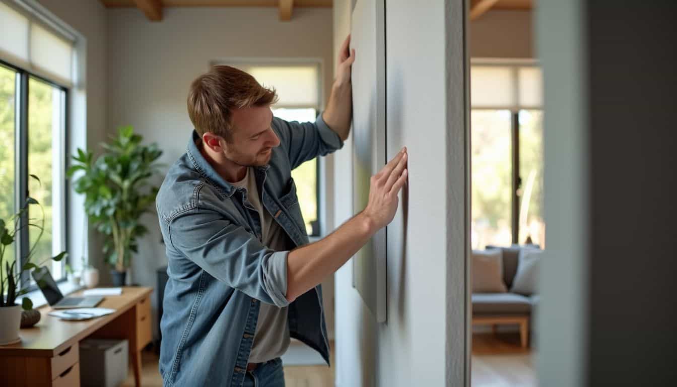 A man in his 30s is installing soundproofing panels in a modern home office.