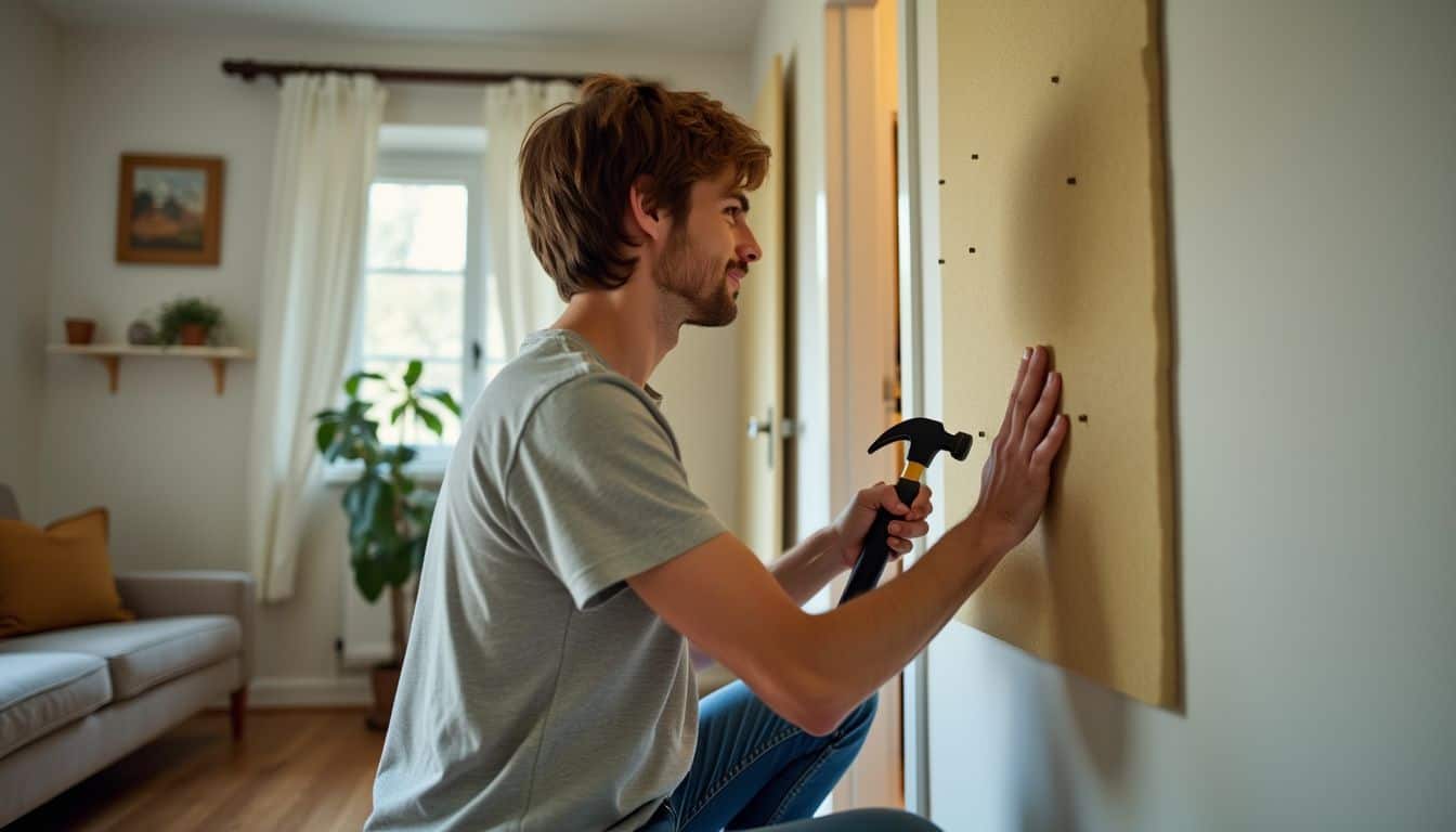 A person is installing soundproofing panels in a small apartment.