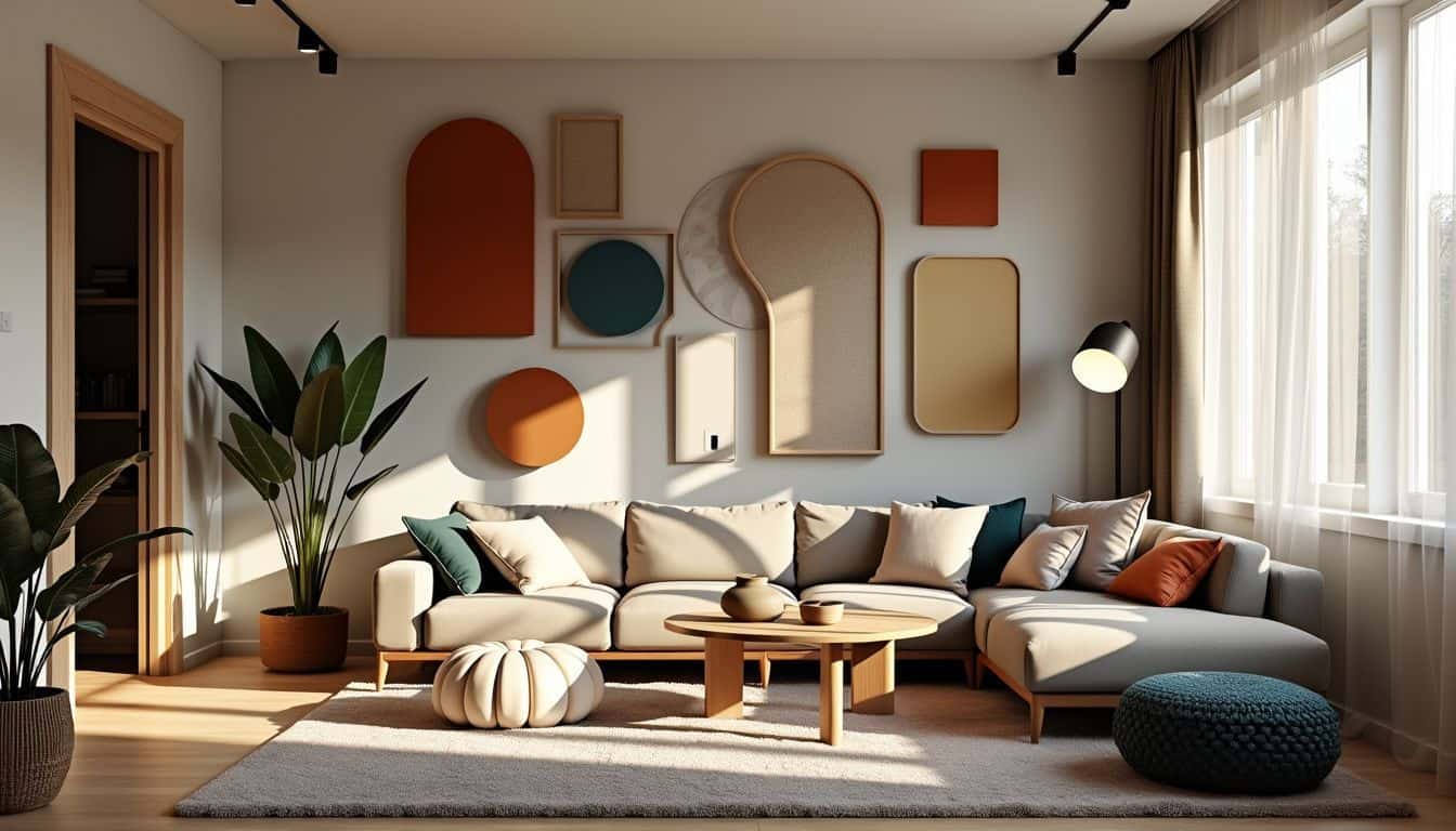 A modern living room with acoustic panels, stylish decor, and cozy atmosphere.